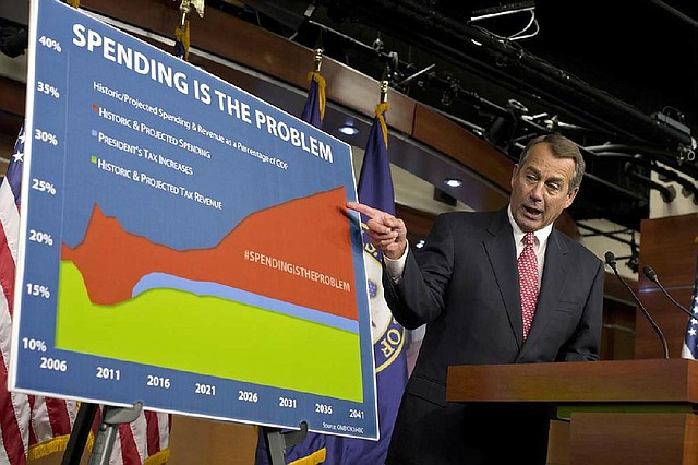 House Speaker John Boehner uses a chart during a news conference Thursday in Washington to emphasize his point that government spending complicates the negotiations on avoiding the “fiscal cliff.” 
