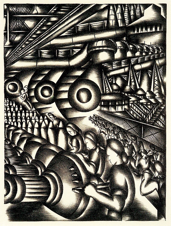 Jolan Gross-Bettelheim’s “Assembly Line (Home Front),” from 1942, illustrates lithograph printing in “Art Under Pressure.” 