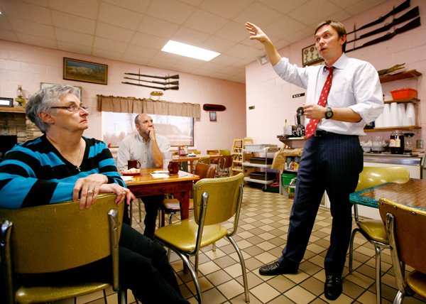 Speaker-elect Rep. Davy Carter, R-Cabot, speaks to constituents on Thursday inside Neal’s Cafe in Springdale. 