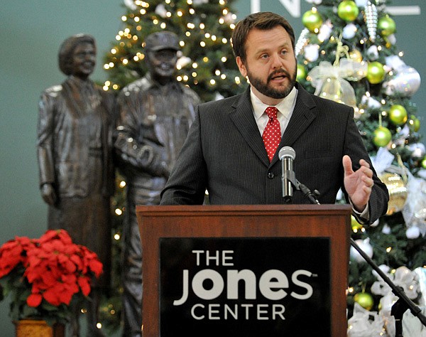 Ryan Hale, program officer at the Walton Family Foundation, speaks Friday during a news conference at the Jones Center in Springdale. The Jones Trust launched an endowment campaign with the announcement of $20 million in contributions from the Walton Family Foundation and the Care Foundation, a fund of the Endeavor Foundation. The campaign’s goal is to reach $30 million to sustain the overall goals of the Jones Trust and Center. 
