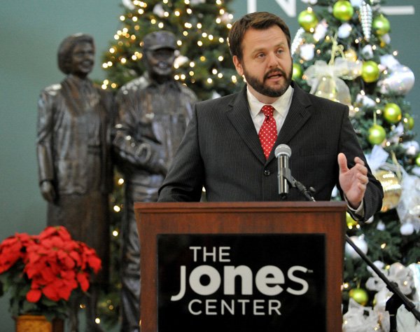 Ryan Hale, program officer at the Walton Family Foundation, speaks Friday during a news conference at the Jones Center in Springdale. The Jones Trust launched an endowment campaign with the announcement of $20 million in contributions from the Walton Family Foundation and the Care Foundation, a fund of the Endeavor Foundation. The campaign’s goal is to reach $30 million to sustain the overall goals of the Jones Trust and Center. 