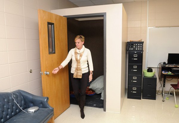 Pam Blair, principal, shows off the seclusion room Wednesday, recently completed at Sugar Creek Elementary. The 5-by-5-foot room was completed last week as a safe area for students to calm down when they are a danger to themselves or others, district officials said
