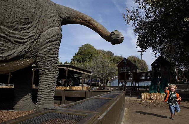 Juan the apatosaurus attracts a young visitor to Zoomars Petting Zoo in San Juan Capistrano, Calif., but the 40-foot-long statue, a castoff from a Romanian shopping mall, is also attracting a lot of opposition from neighbors. 