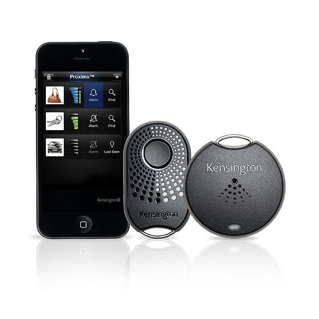 The Kensington Proximo security system starter kit includes the free app for iPhone 4S or 5, a key fob and a tag. 