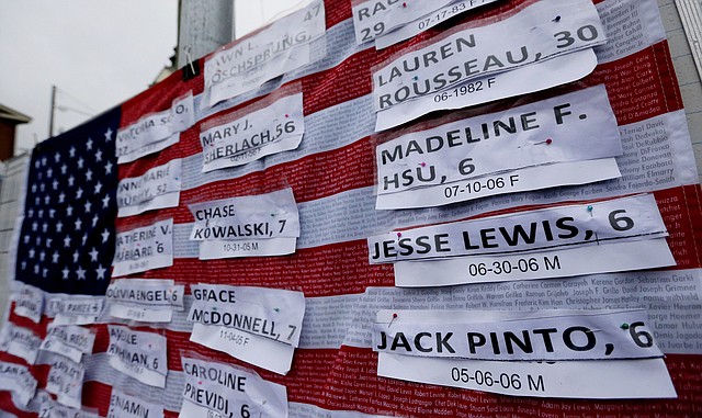 Names of victims hang on a U.S. flag on a makeshift memorial in the Sandy Hook village of Newtown, Conn., as the town mourns victims killed in a school shooting, Monday, Dec. 17, 2012. Authorities say a gunman killed his mother at their home and then opened fire inside the Sandy Hook Elementary School in Newtown, killing 26 people, including 20 children, before taking his own life, on Friday.