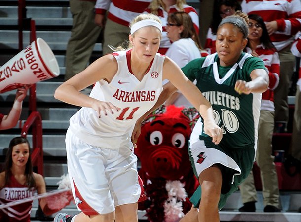 NWA Media/ANTHONY REYES -- Arkansas sophomore Calli Berna (11) steals the ball from Mississippi Valley State senior Lenise Stallings (20) in the first half Wednesday, Dec. 19, 2012 at Bud Walton Arena in Fayetteville. 