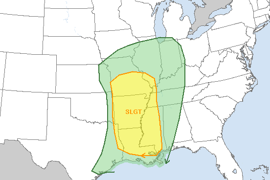 This map released by the National Weather Service's Storm Prediction Center shows a swath of the region, including all of Arkansas, under a slight chance for severe weather Wednesday night into Thursday. The area in green is expected to see thunderstorms that don't reach severe levels.