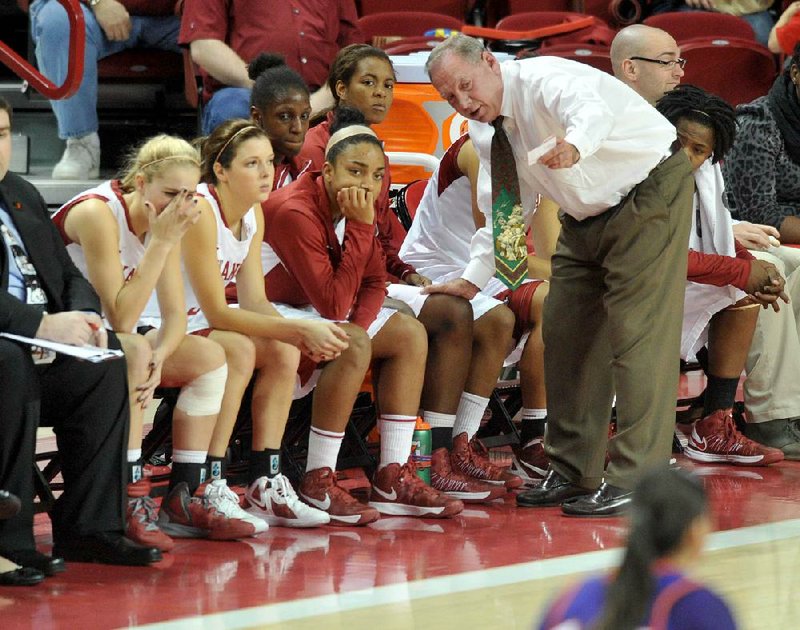 Arkansas women’s Coach Tom Collen talks with his team during the first half of Friday’s game against Northwestern State at Walton Arena in Fayetteville. Arkansas won 80-41. 