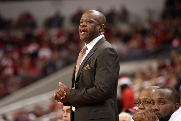 Arkansas coach Mike Anderson instructs his players in the second half against Alabama A&M on Saturday, Dec. 22, 2012, at Verizon Arena in North Little Rock.