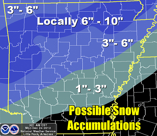 The National Weather Service on Monday issued this map of possible snow accumulations in a winter storm expected to hit Arkansas on Christmas.