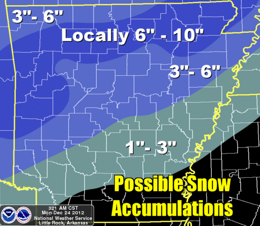 The National Weather Service on Monday issued this map of possible snow accumulations in a winter storm expected to hit Arkansas on Christmas.