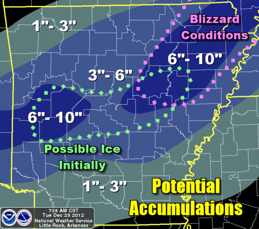 This graphic released Tuesday by the National Weather Service shows expected snow totals across Arkansas Tuesday night into Wednesday.