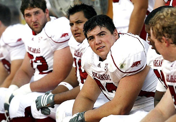 Arkansas center Jonathan Luigs looks toward the scoreboard during the fourth quarter against Texas Saturday, Sept. 27, 2008, at Darrell K Royal-Texas Memorial Stadium in Austin.