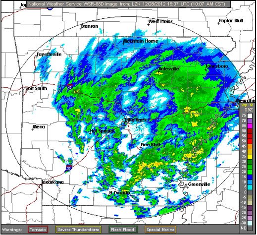 The National Weather Service radar shows precipitation the morning of Friday, Dec. 28, 2012.