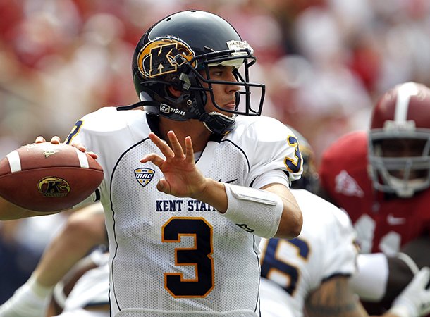 Kent State quarterback Spencer Keith (3) looks to throw against Alabama during the first half of an NCAA college football game on Saturday, Sept. 3, 2011 in Tuscaloosa, Ala. (AP Photo/Butch Dill)