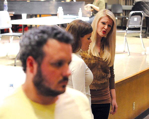 Joshua Devane, from left, as Owen Hart, Tamara Ryan, as Kitty Hart, and Lindsey Anderson, as Sister Helen Prejean, rehearse for the upcoming Opera Fayetteville production “Dead Man Walking.” The show chronicles a nun’s counseling of a condemned prisoner. 