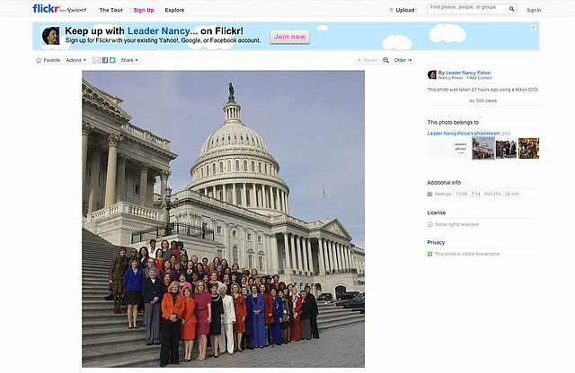 This screen grab from House Minority Leader Nancy Pelosi of Calif. Flickr page shows an altered photo of Pelosi posing with female House members on Capitol Hill in Washington, Thursday, Jan. 3, 2013. Pelosi is defending an altered picture of Democratic congresswomen that was posted on her Flickr social media site. The group photo shows four House members, in the back row, who arrived too late to pose on the Capitol steps. A computer program was used to add them to the image later posted on Flickr. (AP Photo)