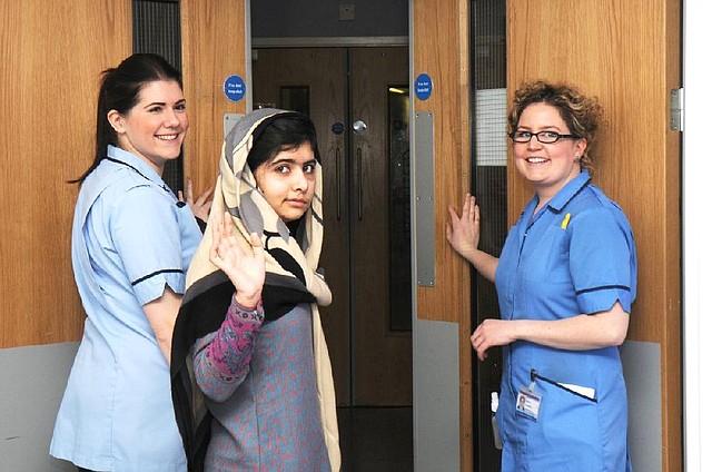 Malala Yousufzai says goodbye Friday as she is discharged from Queen Elizabeth Hospital in Birmingham, England, to continue her rehabilitation at her family’s temporary home in the area. 