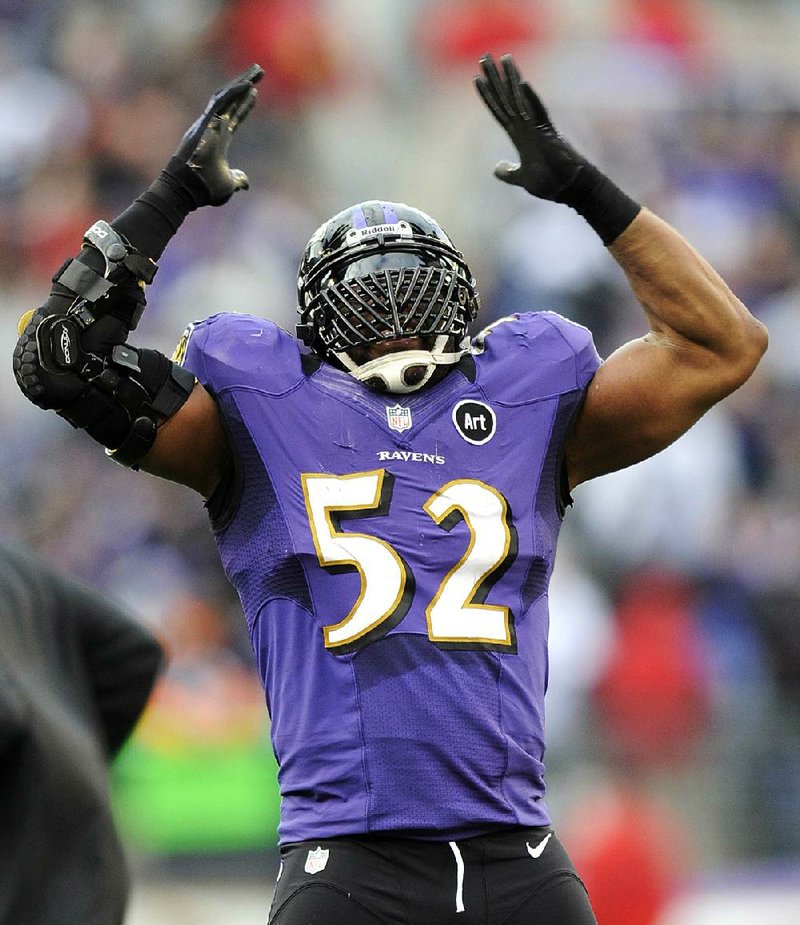 Baltimore Ravens inside linebacker Ray Lewis (52) gave hometown fans a final taste of his trademark dance near the end of the second half of Sunday’s NFL wild-card playoff game against the Indianapolis Colts in Baltimore. Lewis will retire at the end of the season. 