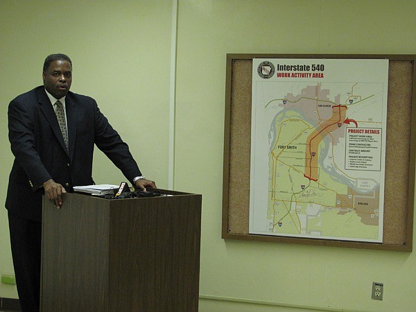 Emanuel Banks, assistant chief engineer for operations with the Arkansas Highway and Transportation Department, announces a $78.8 million project to rehabilitate seven miles of Interstate 540 from Interstate 40 in Crawford County to Arkansas 22 in Fort Smith. Banks said it’s the largest contract the highway department has let in its 100-year history. 