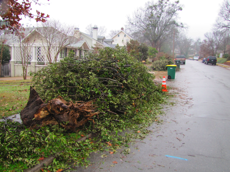 Storm debris sits on the curb along Ridgeway Drive in Little Rock's Hillcrest neighborhood Wednesday morning.