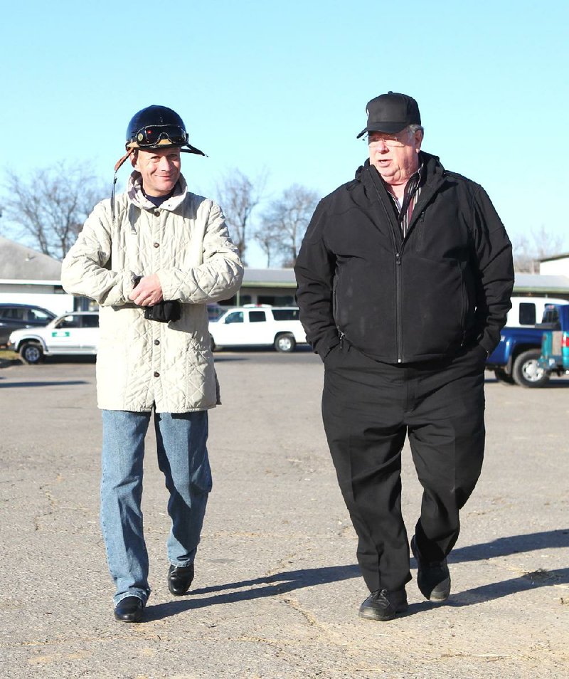 Jockey Calvin Borel (left) and agent Jerry Hissam are in a holding pattern heading into today’s opener. Borel, one victory away from 5,000, has a broken wrist and will miss the first few weeks of the season. Hissam is recuperating from heart and gall bladder surgery. 