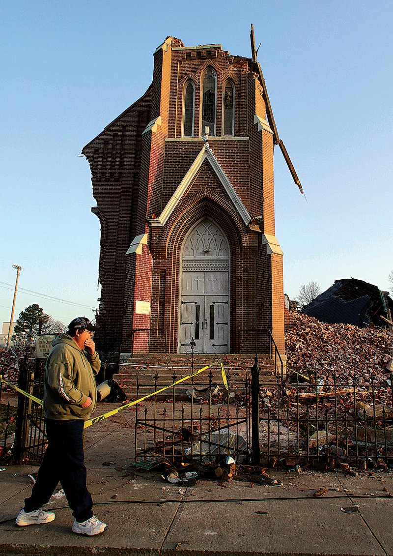 Churches destroyed or damaged by natural disasters, like St. Joseph’s Catholic Church in Ridgway, Ill., which was hit by a tornado, are not eligible for federal aid. 