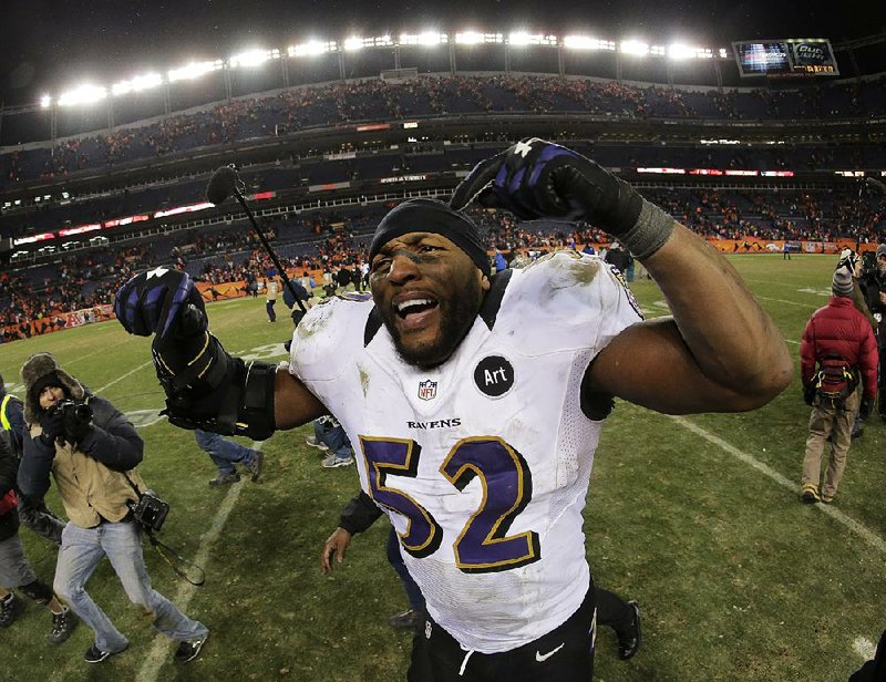 Baltimore linebacker Ray Lewis celebrates a double-overtime victory over Denver that extended his final season. 