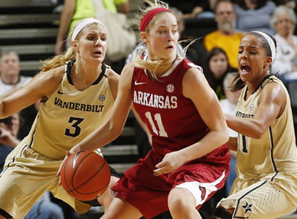 Calli Berna is double-teamed during the Razorbacks' 78-58 loss to Vanderbilt on Sunday at Memorial Gym in Nashville, Tenn. 