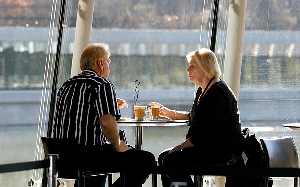 Ronnie Ridley (left) of Fayetteville and Pat Henson of Wagoner, Okla., enjoy lunch Monday at Eleven, the restaurant inside Crystal Bridges Musuem of American Art in Bentonville. 