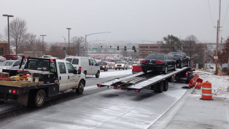 Traffic was backed up eastbound on Finanicial Centre Parkway due to Tuesday's winter storm.