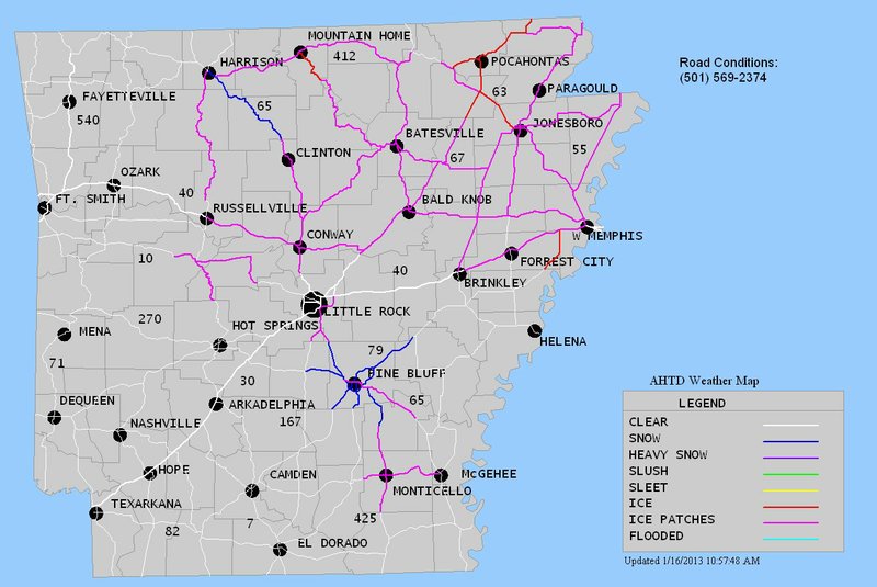 This map provided by the Arkansas Department of Highways and Transportation shows conditions around the state just before 11 a.m.