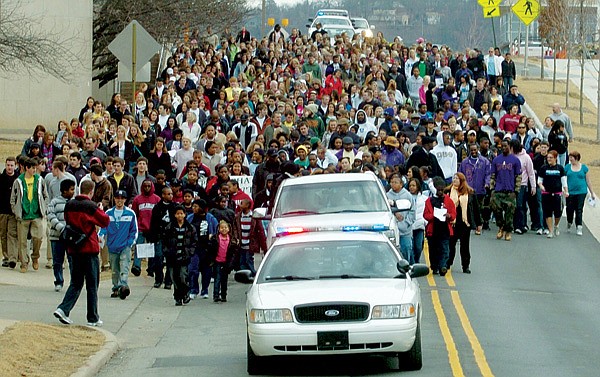 Martin Luther King Jr. is remembered in a previous march up Dickson Street in observance of Martin Luther King Jr. Day. 