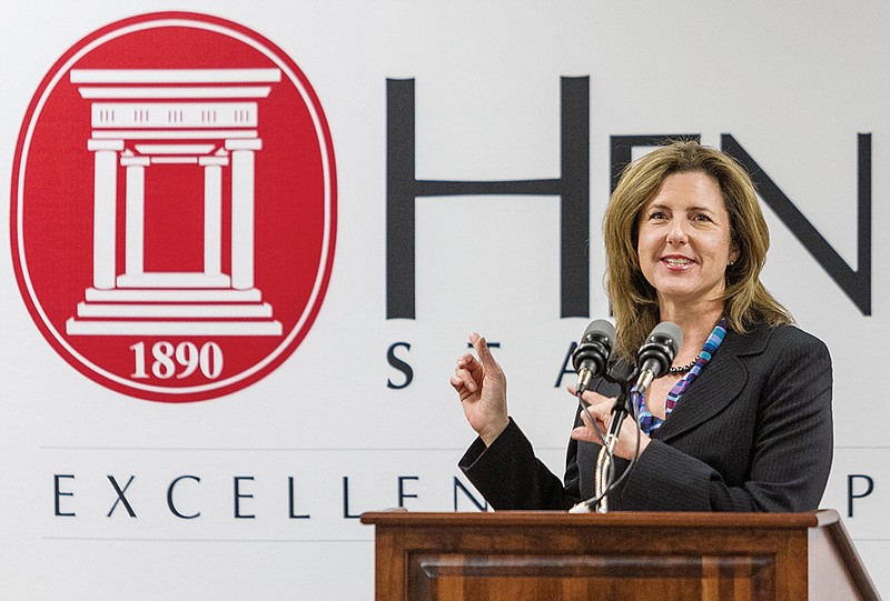 Risa Dickson speaks Tuesday morning to faculty and students at Henderson State University in Arkadelphia after being introduced as the new provost and vice president for academic affairs.