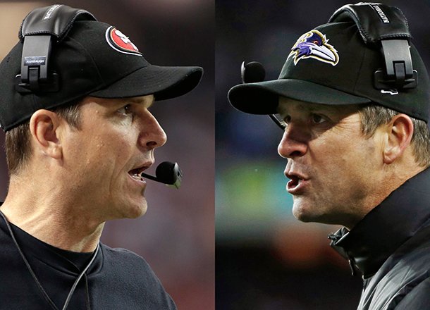 This combo image made of Sunday, Jan. 20, 2013, photos shows San Francisco 49ers head coach Jim Harbaugh, left, in Atlanta, and Baltimore Ravens head coach John Harbaugh in Foxborough, Mass., during their NFL football conference championship games. Get ready for the Brother Bowl_ it'll be Harbaugh vs. Harbaugh when Big Bro John's Baltimore Ravens (13-6) play Little Bro Jim's San Francisco 49ers (13-4-1) in the Super Bowl at New Orleans in two weeks. (AP Photos/Mark Humphrey, Matt Slocum)