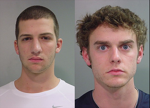 Colin Poche (left) and Adam Meyer (right) were arrested Sunday and charged with shoplifting. 