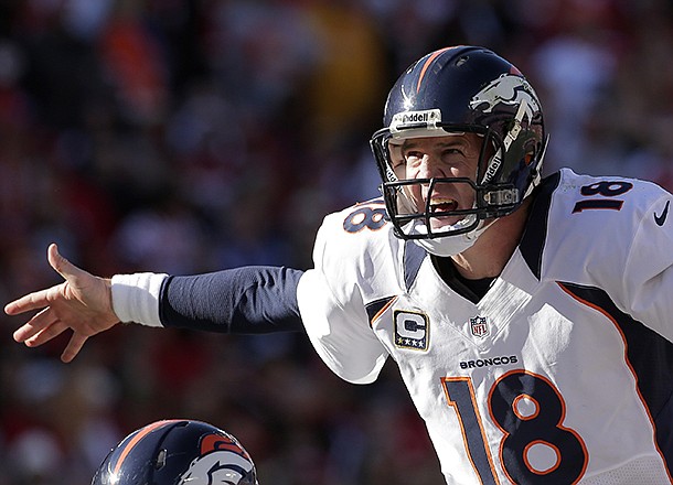 Denver Broncos quarterback Peyton Manning calls a play during the first half of an NFL football game Sunday, Nov. 25, 2012, in Kansas City, Mo. (AP Photo/Charlie Riedel)