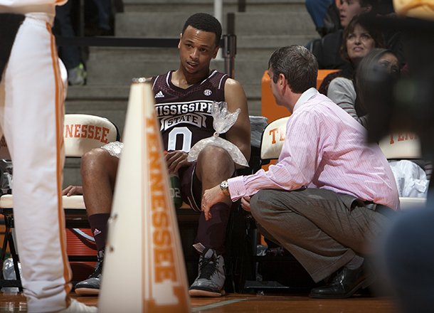 Mississippi State guard Jalen Steele (0) was briefly benched to ice his knees during the second half of an NCAA college basketball game against Tennessee at Thompson-Boling Arena, Saturday, Jan. 19, 2013, in Knoxville, Tenn. (AP Photo/Knoxville News Sentinel, Adam Brimer)