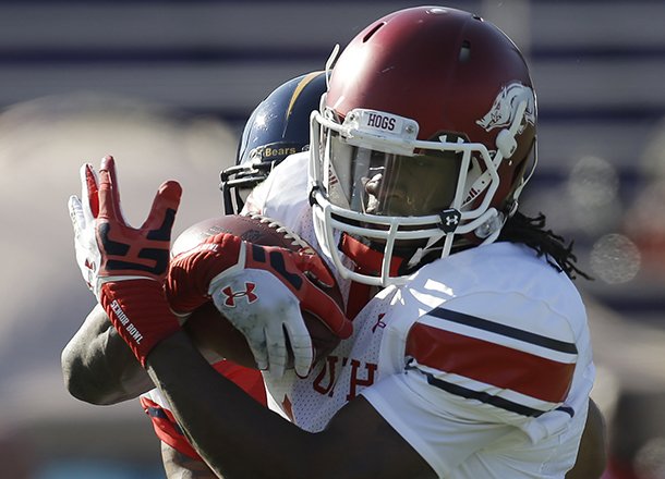 Senior Bowl South Squad wide receiver Cobi Hamilton of Arkansas catches a pass during Senior Bowl football practice at Ladd-Peebles Stadium in Mobile, Ala., Tuesday, Jan. 22, 2013. (AP Photo/Dave Martin)