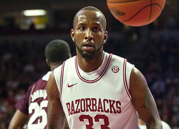 Arkansas' Marshawn Powell (33) watches the ball after a dunk during the first half of an NCAA college basketball game against Mississippi State in Fayetteville, Ark., Wednesday, Jan. 23, 2013. Arkansas won 96-70. (AP Photo/April L. Brown)