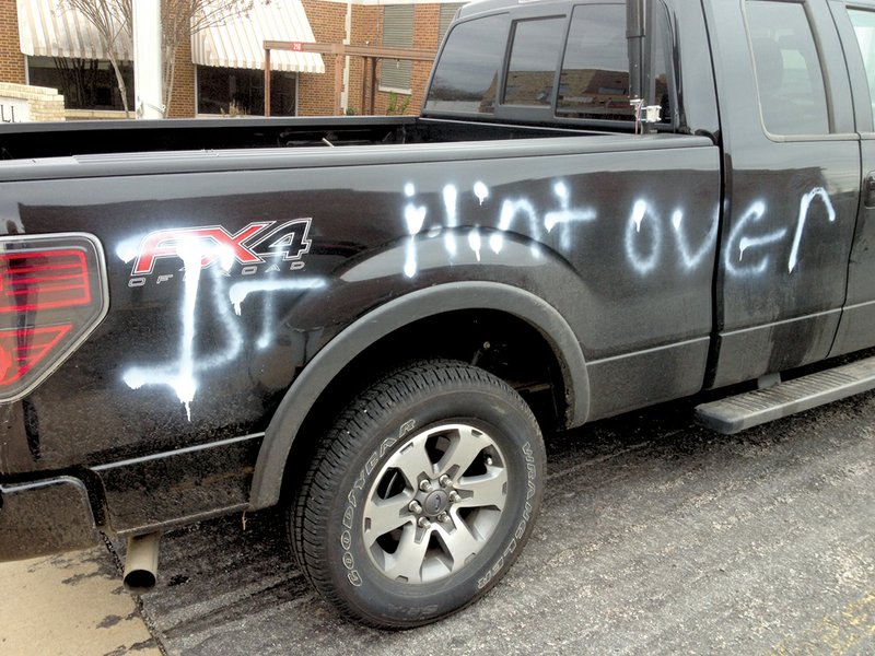 Morrilton Mayor Stewart Nelson said his Ford F-150 truck was vandalized overnight as it sat in his driveway. The damage was discovered Friday morning. He said the phrase “It ain’t over,” although ain’t was misspelled as “hint,” was spray-painted on the side of the vehicle. Nelson said he thinks the vandalism is related to his appointment of a new police chief, Sonny Stover, and the incident was reported to the Arkansas State Police.