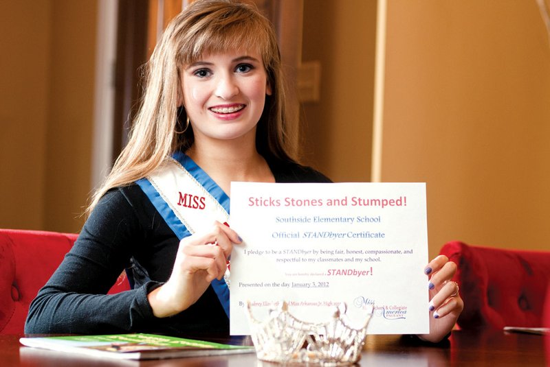 Aubrey Reed, 12, of Conway, the reigning Miss Arkansas Junior High, developed her own anti-bullying program in addition to using one from the national pageant. During her lunch period and study hall, she often reads the book Sticks, Stones and Stumped! to elementary-school students. She also asks them to sign an anti-bullying pledge.