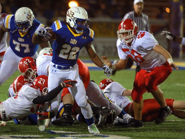 Alabama commit Altee Tenpenny, pictured running the ball against Cabot, was visited by Arkansas coach Bret Bielema and running backs coach Joel Thomas on Thursday.