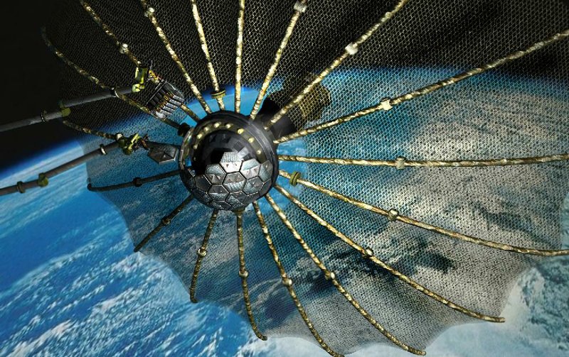 This illustration released by the Defense Advanced Research Projects Agency depicts how a satellite used in the agency’s Phoenix program would scavenge defunct communication satellites for their valuable parts. 