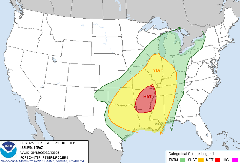 This map released Tuesday by the Storm Prediction Center shows much of Arkansas under a moderate risk for severe storms.