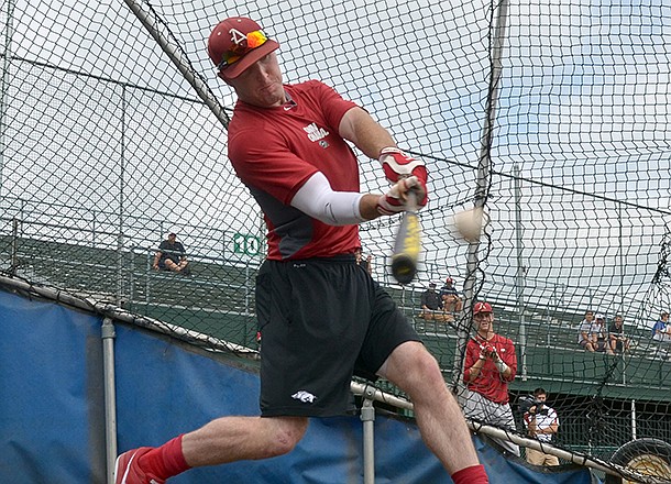 Arkansas Democrat-Gazette/MICHAEL WOODS --06/19/2012-- Arkansas hitter Matt Vinson takes batting practice in Omaha, Neb. 