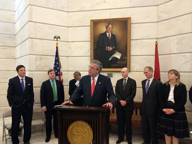 Former Florida Gov. Jeb Bush speaks Tuesday, Jan. 29, 2013, at the Arkansas Capitol at an education rally held by a group pushing for changes to the way the state approves charter schools.