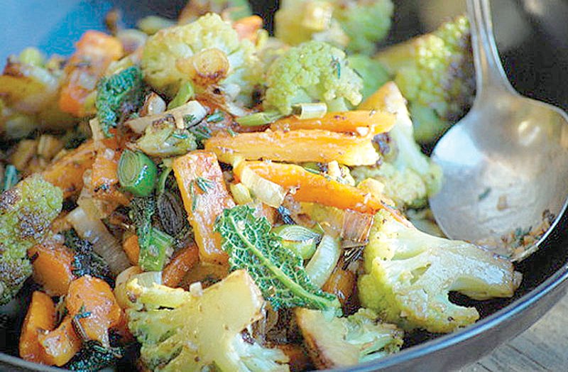 Broccoflower, Carrot and Leek Ragout With Thyme, Orange and Tapenade