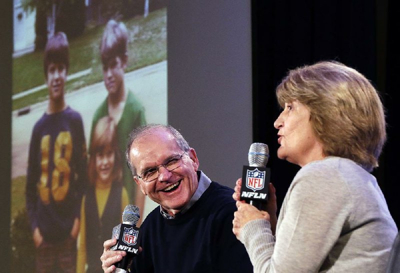 Jack and Jackie Harbaugh, parents of Baltimore Ravens head coach John Harbaugh and San Francisco 49ers head coach Jim Harbaugh, laugh during a news conference, Wednesday, Jan. 30, 2013, for NFL football's Super Bowl XLVII in New Orleans. Their sons will be coaching against each other in the Super Bowl on Sunday. (AP Photo/Gerald Herbert)