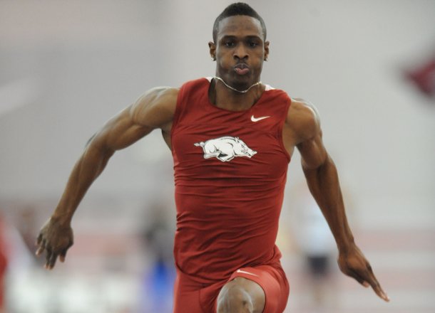 NWA Media/ANDY SHUPE -- Arkansas' Tarik Batchelor completes his second jump Saturday, Jan. 26, 2013, in the triple jump competition during the Razorback Invitational at the Randal Tyson Track Center in Fayetteville.